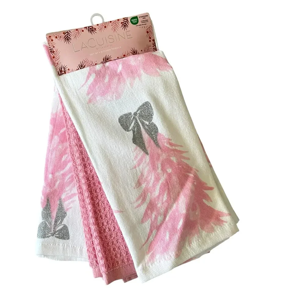 Pink Christmas Tree Kitchen Towels w/ Silver Glitter Bow Set of 4 Holiday GLA6